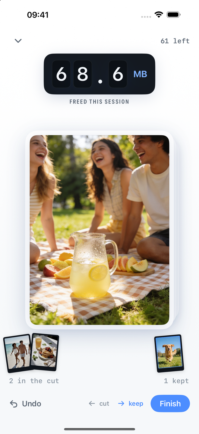 Swish deck: a photo mid-swipe with the freed-space odometer above it