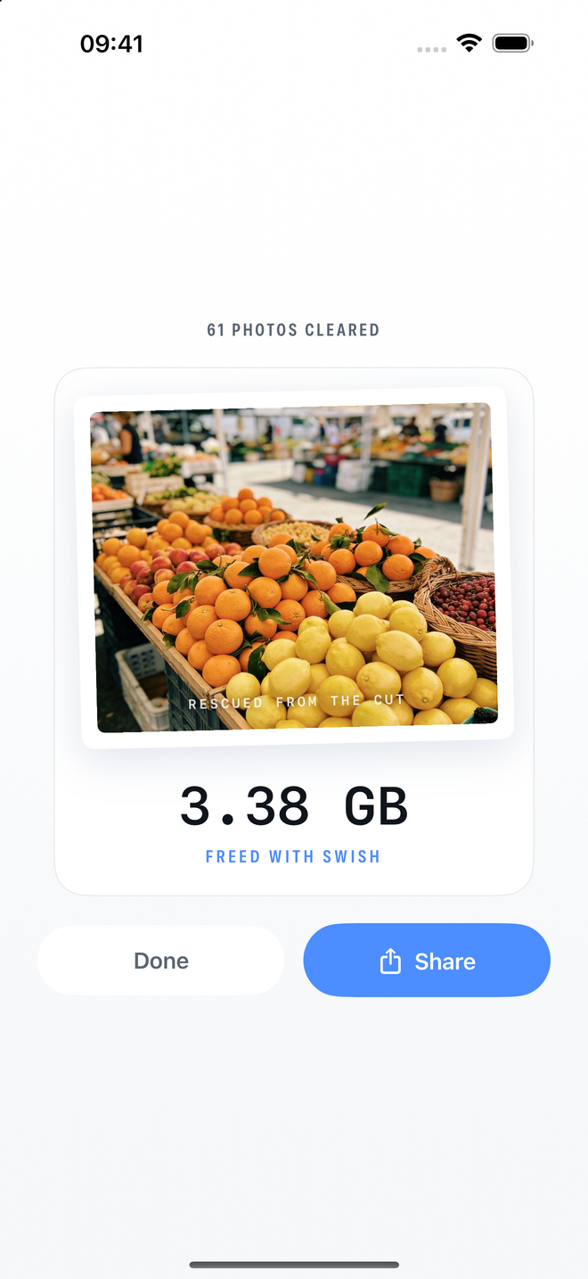 Swish develop: the freed-space print card at the end of a session
